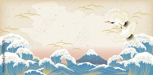 美しい富士山と大波の風景イラスト