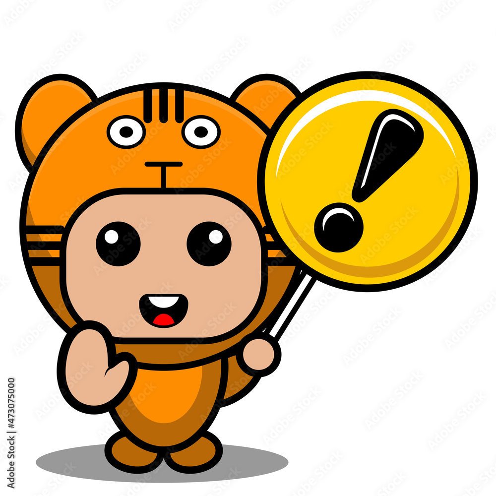 vector cartoon character cute predatory tiger animal mascot costume holding warning sign vector cartoon character cute predatory tiger animal mascot costume holding warning sign