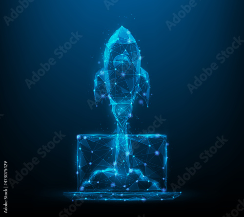 business rocket launch from laptop low poly. start up to success concept. consisting of points, lines, and triangle. vector illustration futuristic style. isolated on blue dark background.