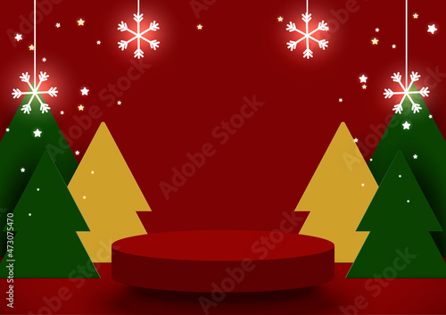Christmas 3d scene. Stage podium with for product display on a red background. Abstract backdrop decoration with trees, snowflakes, stars. Vector illustration.