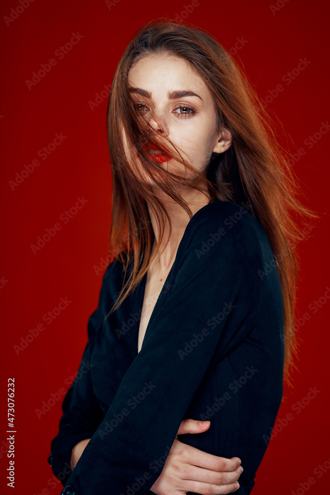 pretty woman with red lips red hair Glamor posing red background pretty woman with red lips red hair Glamor posing red background