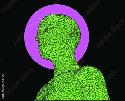 3D low poly wireframe model of a human head made of triangular particles. Concept illustration of Artificial intelligence and Neural Network.