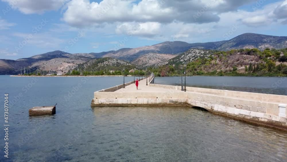 Flying near belisk and the de Bosset bridge in Argostoli, Kefalonia, Greece Flying near belisk and the de Bosset bridge in Argostoli, Kefalonia, Greece