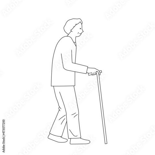 Illustration of a senior woman walking with a cane (white background, vector, cut out)