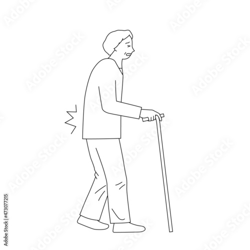 Illustration of a senior woman walking with a cane (Low back pain)(white background, vector, cut out)