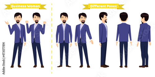 Modern businessman character set wearing business outfit with different pose with front side back view for animation creation
