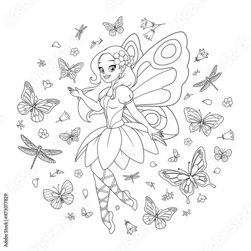 Beautiful flying fairy with wings surrounded with butterflies and flowers. Vector coloring page.