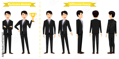 Businessman character set wearing business outfit with different pose with front side back view for animation creation