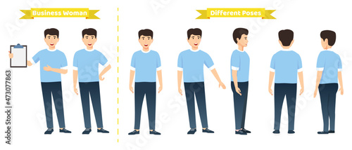Modern businessman character set wearing cute T-Shirt outfit with different pose with front side back view for animation creation colorful
