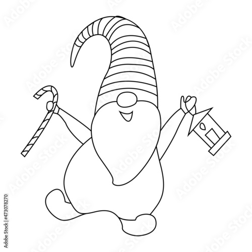Dwarf with a lantern and with a Christmas stick. A Christmas gnome with a beard is holding a large gift in his hands. Doodle style outline drawing on a white background. Vector illustration.