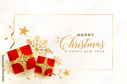 merry christmas golden and white card with red gift boxes
