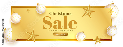 golden christmas sale banner with realistic xmas balls and stars