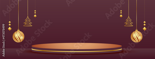 merry christmas banner with product display podium and xmas elements