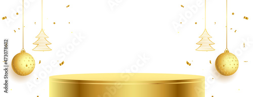 merry christmas golden podium banner with balls and tree decoration