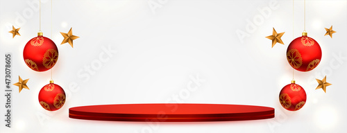 merry christmas decorative banner with red podium for product display