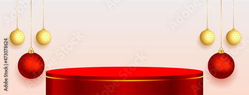 christmas seasonal banner with red podium