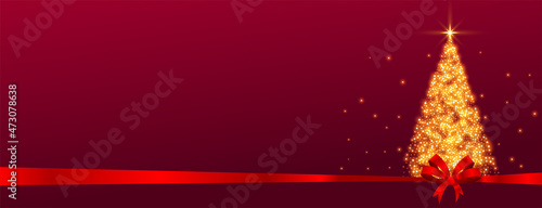 seasonal christmas tree sparkle banner with red ribbon