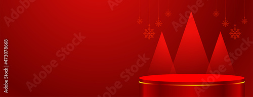 modern red podium web banner with christmas tree design