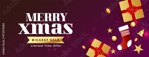 merry christmas sale background with santa socks and gift boxes