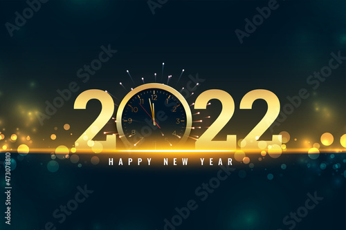 Fotobehang happy new year 2022 eve celebration card with clock and bokeh lights