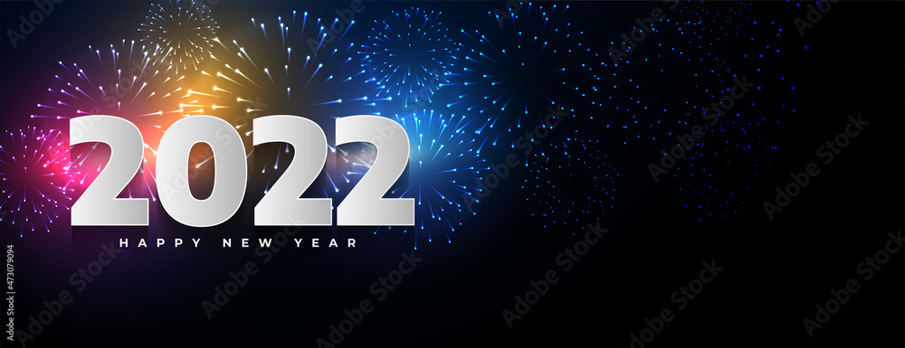 2022 happy new year party banner with colorful fireworks background