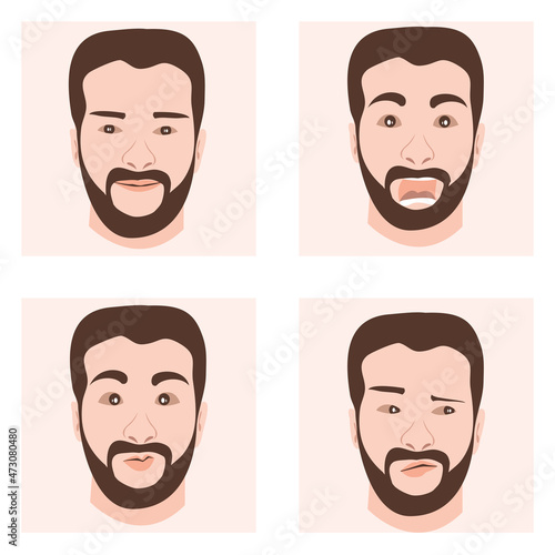 Collection of frames with cartoon images of handsome man with beard character (smiling, surprising ,confusing).Vector isolate flat design of Face expressions of adult man. Different male emotions set.