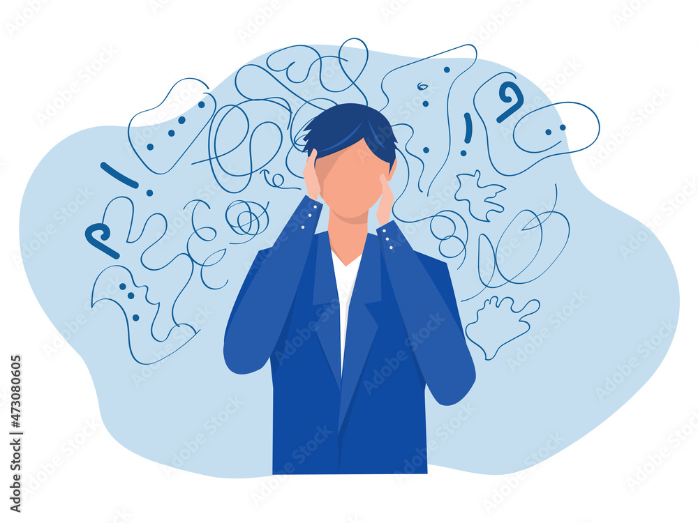 man suffers from obsessive thoughts; headache; unresolved issues; psychological trauma; depression.Mental stress panic mind disorder illustration Flat vector illustration. - obrazy, fototapety, plakaty 