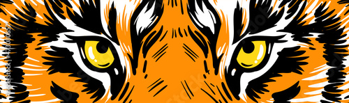 Tiger eyes vector graphics. Horizontal banner, poster with tiger eyes. Realistic drawn face of a tiger, vector illustration