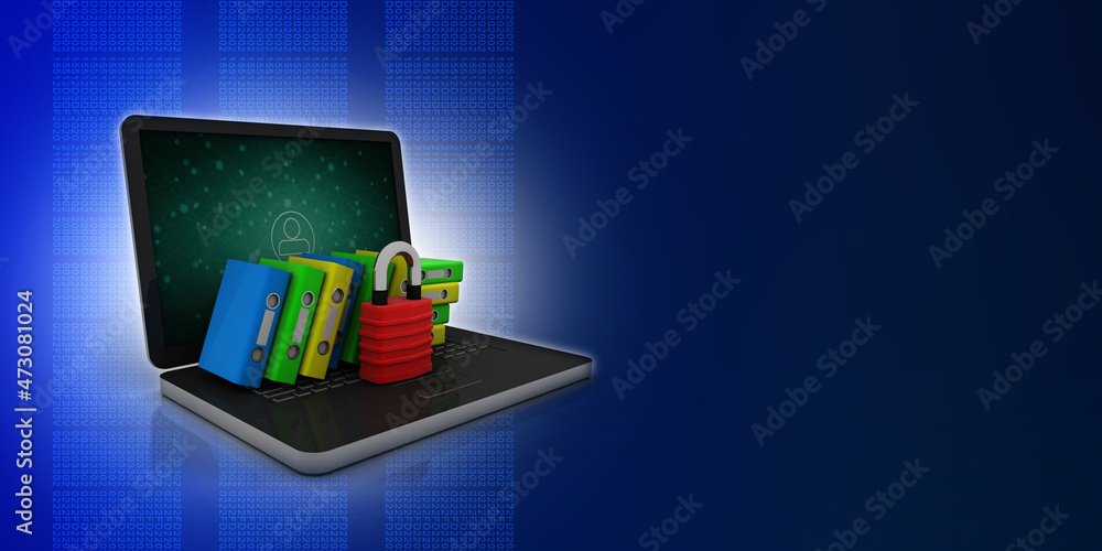 3d illustration Office folders protected security padlock in laptop 3d illustration Office folders protected security padlock in laptop