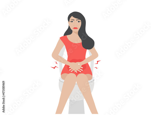 Woman sitting on toilet suffering with constipation, stomach ache and normal digestive system vector illustrations  photo