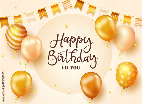 Birthday elegant greeting vector design. Happy birthday text in gold background with golden balloons and pennants celebration elements for celebrating birth day decoration. Vector illustration.
