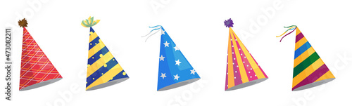 Birthday party hats vector design. Birth day party hat in colorful pattern celebrating element isolated in white background for birth day greeting card kids decoration. Vector illustration.
