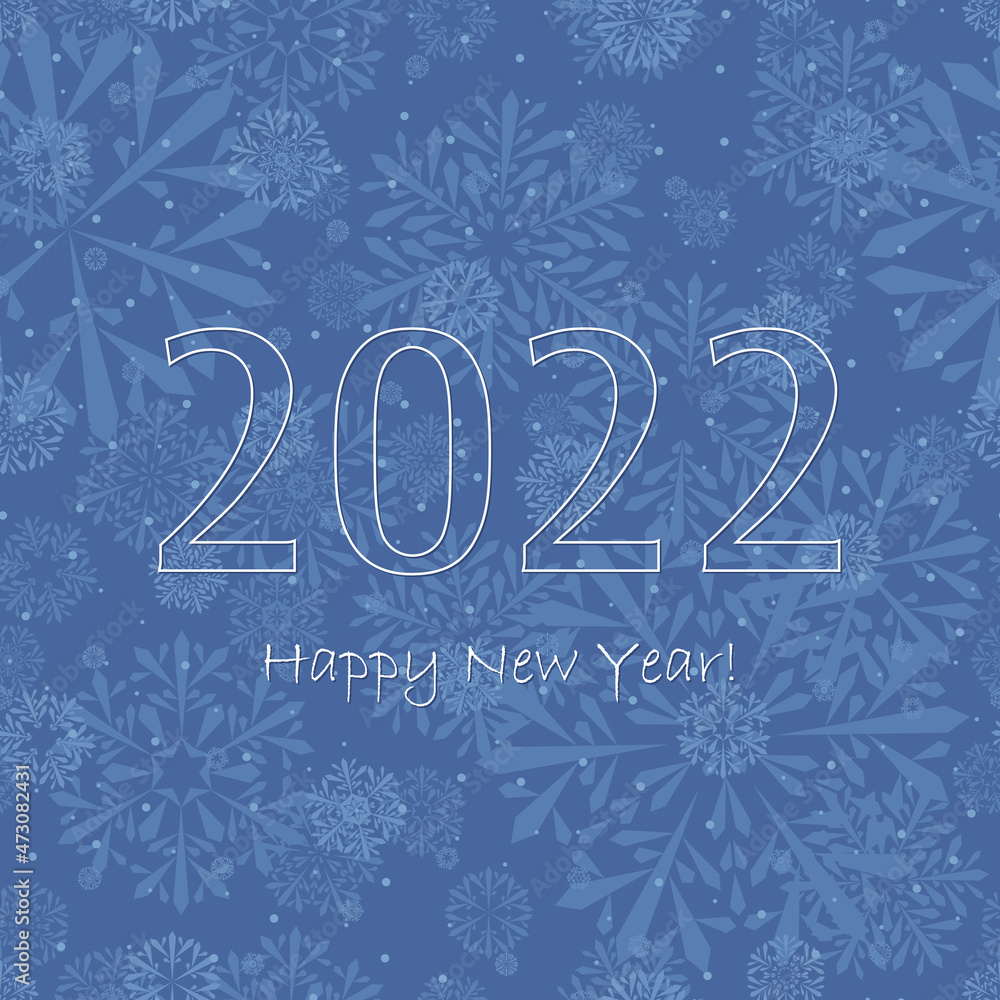2022 happy new year. vector illustration. white text on blue winter repetitive background with snowflakes. festive template on seamless pattern for greeting card, banner, invitation 2022 happy new year. vector illustration. white text on blue winter repetitive background with snowflakes. festive template on seamless pattern for greeting card, banner, invitation