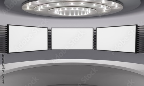 white table and lcd screen background in a news studio room.3d rendering. 