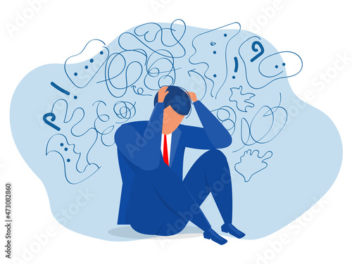 man suffers from obsessive thoughts; headache; unresolved issues; psychological trauma; depression.Mental stress panic mind disorder illustration Flat vector illustration.