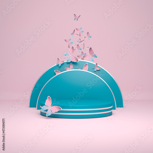 Empty round green podium with butterflies on a pink background. Stand for objects. Platform for product demonstrations. 3d illustration
