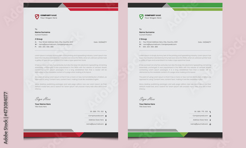 Simple new stylish unique minimalist professional company abstract creative corporate colorful clean modern business letterhead design vector template with red and green shape variations.