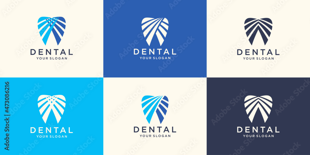 Set of abstract icons, signs and symbols with tooth for dental clinic logo concept in blue and white colors Set of abstract icons, signs and symbols with tooth for dental clinic logo concept in blue and white colors