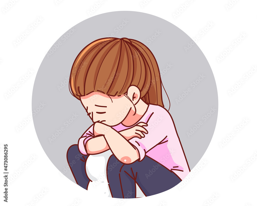 Young woman sitting feeling sad tired and worried suffering depression cartoon hand drawn cartoon art illustration Young woman sitting feeling sad tired and worried suffering depression cartoon hand drawn cartoon art illustration