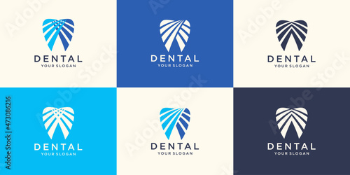 Set of abstract icons, signs and symbols with tooth for dental clinic logo concept in blue and white colors