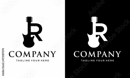 letter R electric guitar and star decoration vector logo design element. on a black and white background.