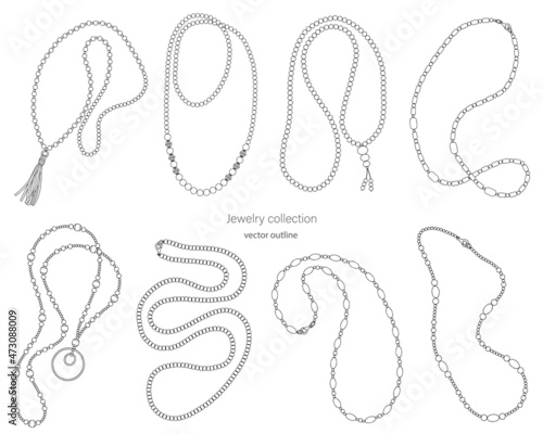 Jewelry collection of long beads. Outline image on a white background.
