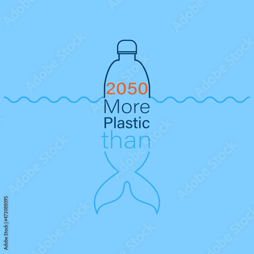 2050 more plastic than fish typographic design. Upper plastic bottle symbol and lower fish tail icon as a gimmick of comparison. Vector illustration outline flat design style.