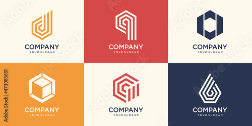 monogram letter and hexagon with stripe concept logo design template.