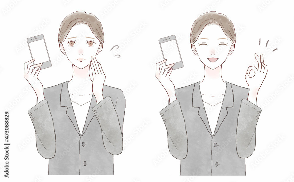 スマホを持つ、スーツを着た女性のセット