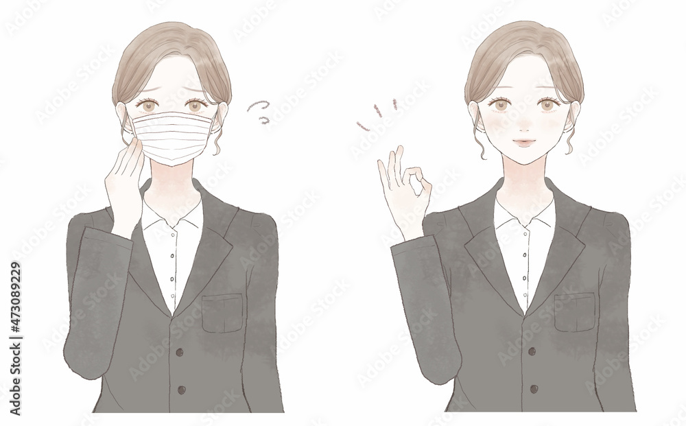 不織布マスクを着用しているスーツを着た女性のセット