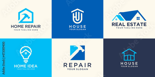 repair house logo design template. combined hammer, lamp element.