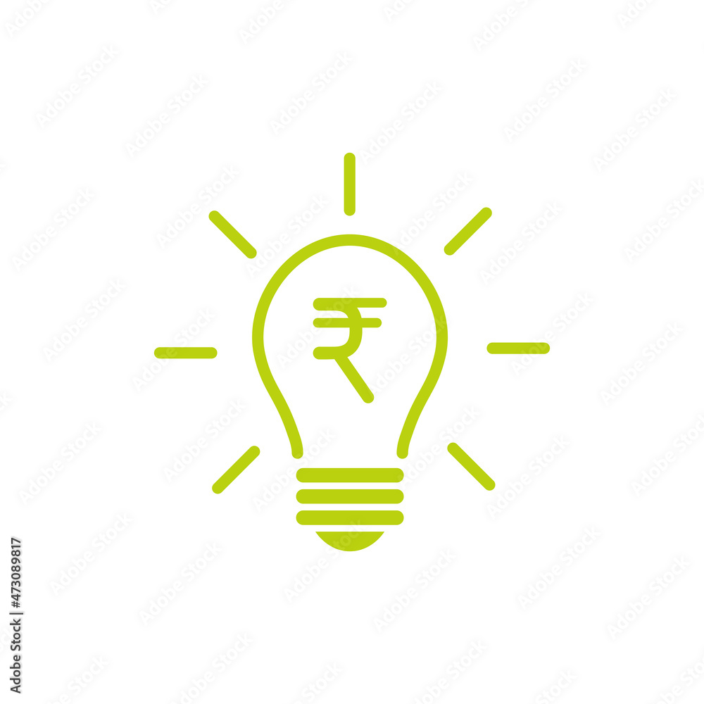 Green bulb with rays and rupee sign flat icon. Isolated on white. Electric Light Price icon. Green bulb with rays and rupee sign flat icon. Isolated on white. Electric Light Price icon.