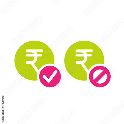 Green circles with rupee signs and pink circle with tick and crossed circle. Flat money cash icon. Isolated on white.