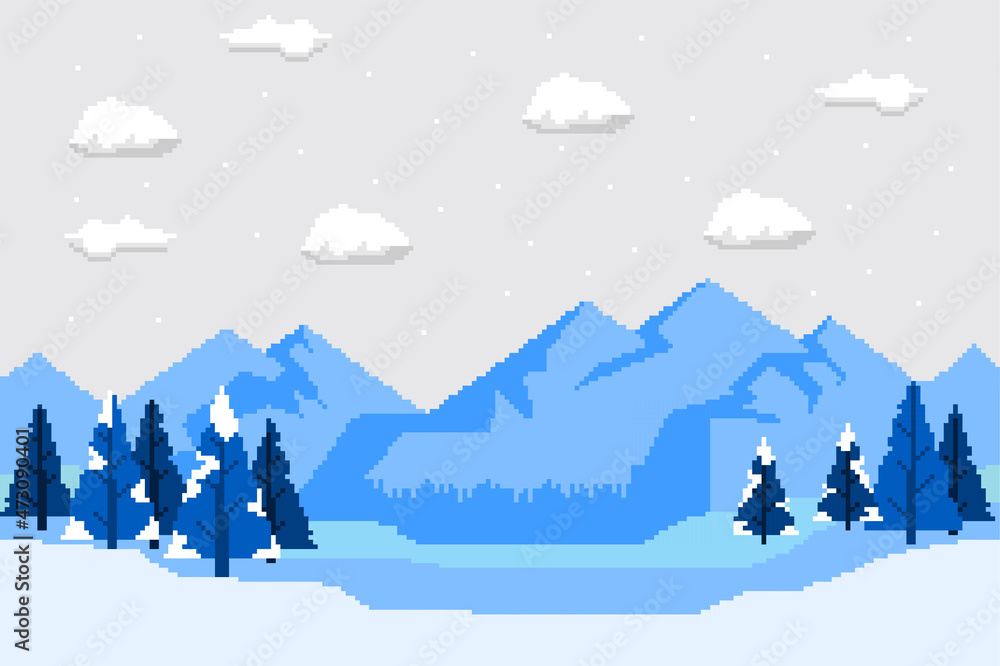winter pixel art image, there is a beautiful high mountain surrounded by pine trees covered in snow